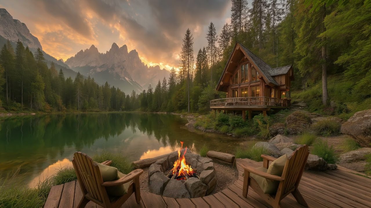 Secluded Cabin by the Lake | Crackling Fire, Mirror-Still Water & Deep Forest Silence