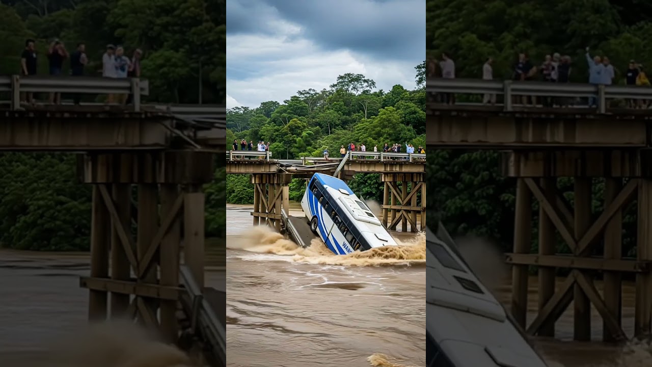 The Moment a Bus Was Swept Away by the Strong Current on a Collapsed Bridge!