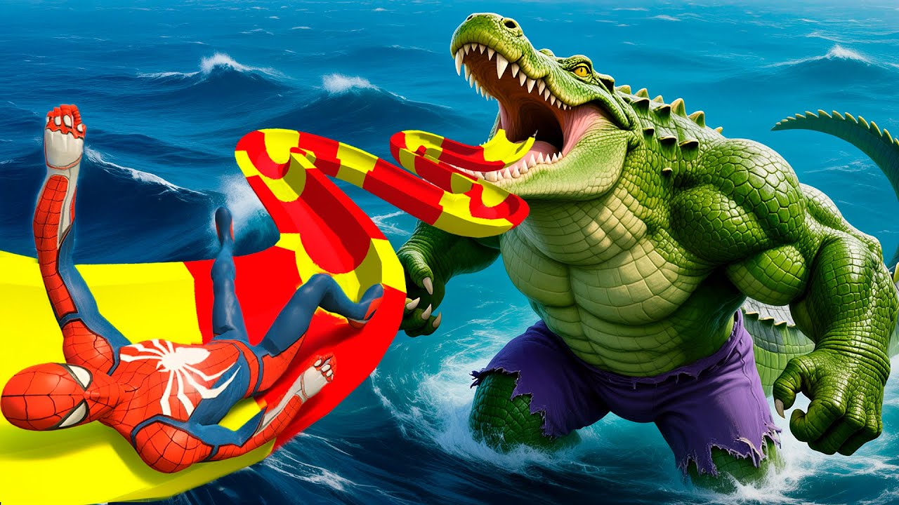 SPIDER-MAN VS CROCODILE-HULK | GTA 5 | WATERSLIDE CHALLANGE #spiderman #waterslides