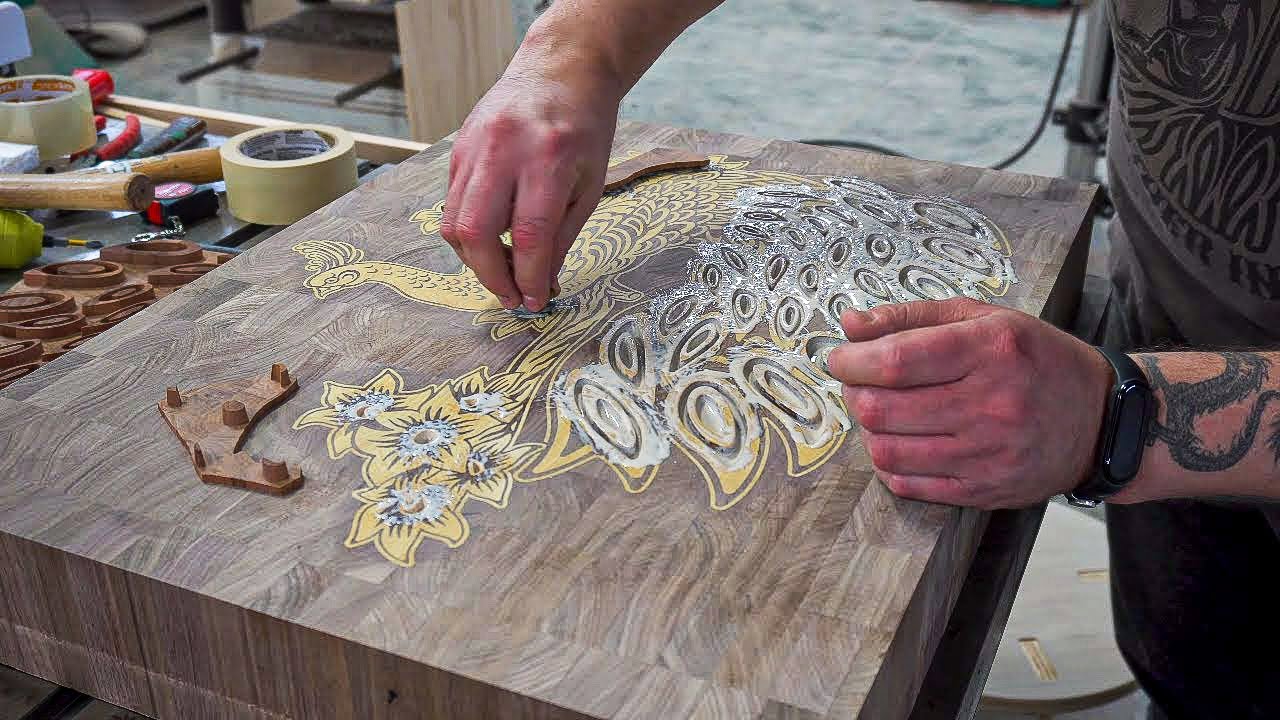 Peacock cutting board. CNC Inlay. Wood inlay. Inlay cutting board. BroinwooD