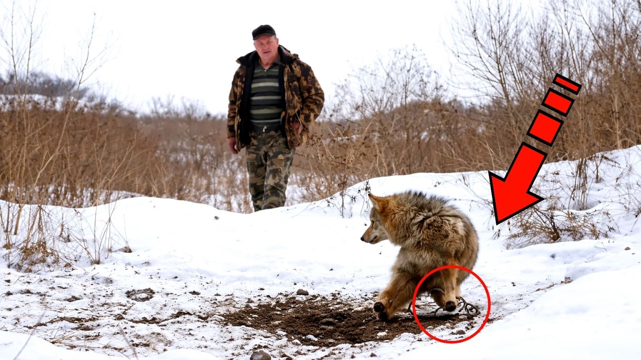 Волчица попала в капкан. Охотник, увидев кто под ней лежит, бросился за помощью.