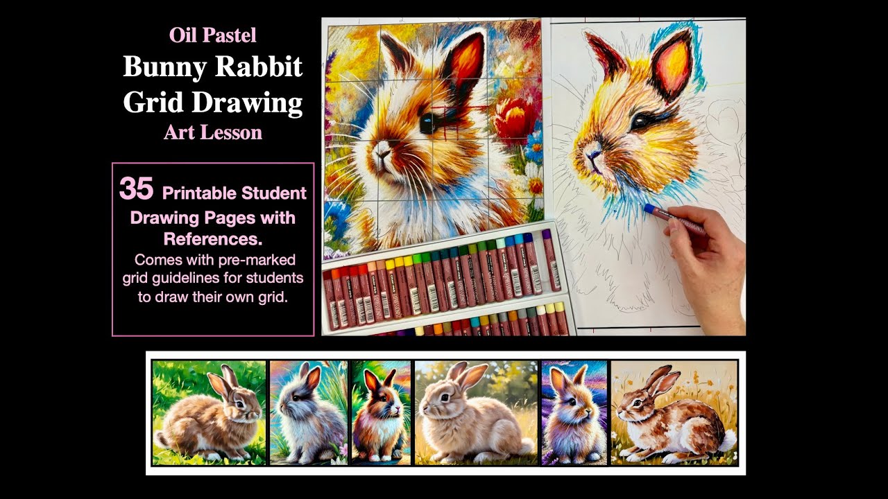 Oil Pastel/Paint Bunny Rabbit Grid Spring Drawing Lesson: Easter Art