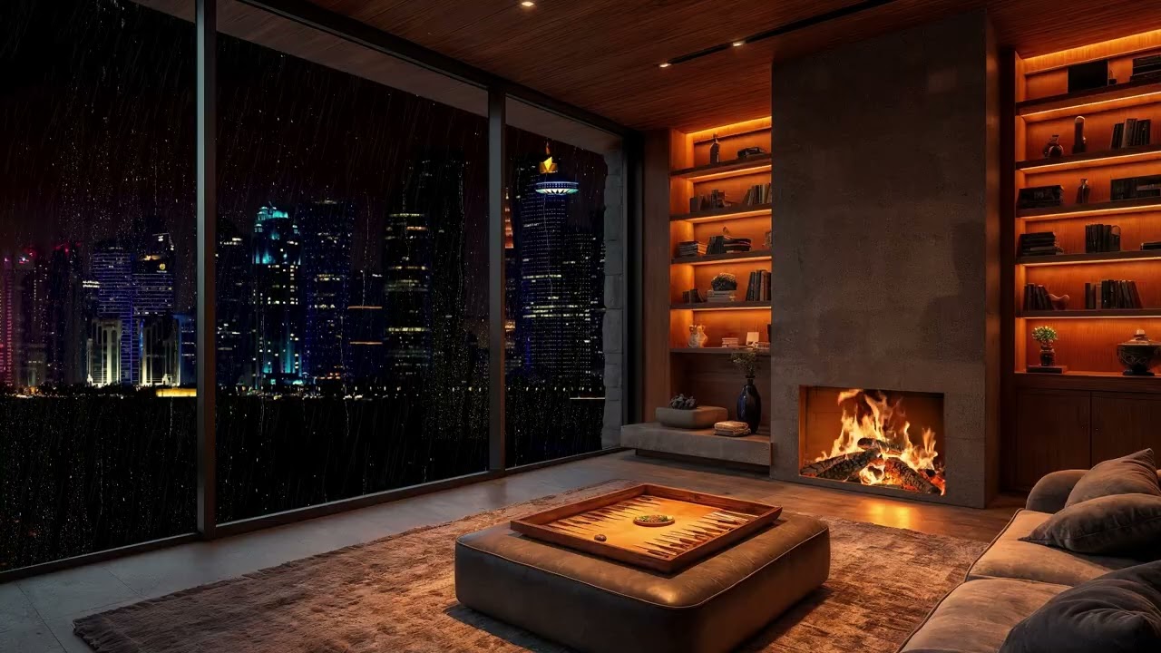 City Skyline Work Music - Deep Focus with Fireplace 3 Hours