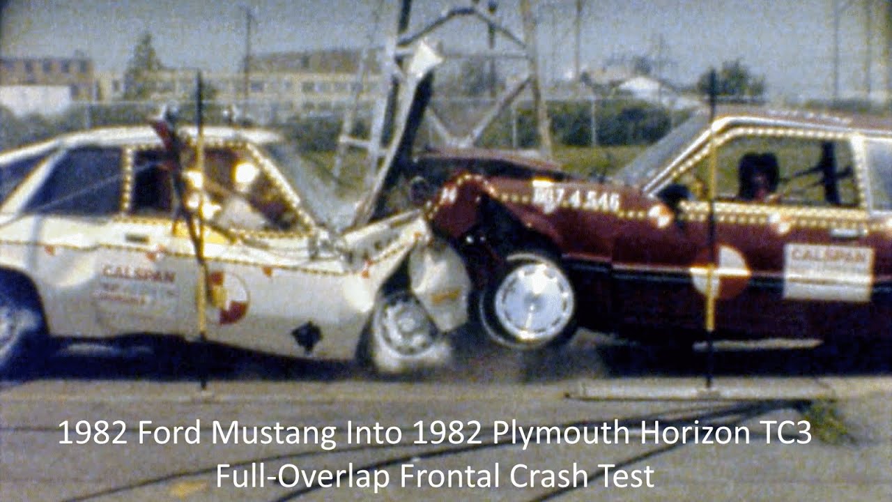 1982 Ford Mustang Into 1982 Plymouth Horizon TC3 Full-Overlap Frontal Crash Test
