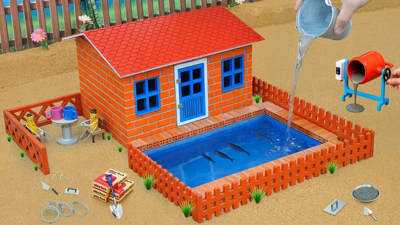 Dinosaur Destroys Paper House | Mini Tractor Builds a Strong Brick Home & Pool