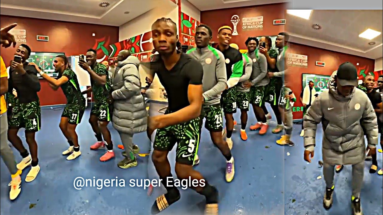 Nigeria super Eagles celebrating at dressing room after winning Algeria 