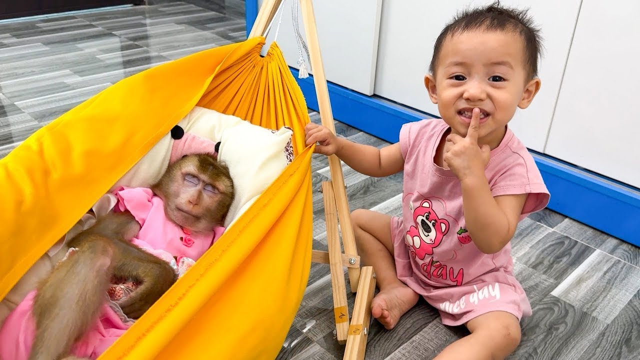 Diem swings the hammock to make Monkey Kaka sleep so cutely