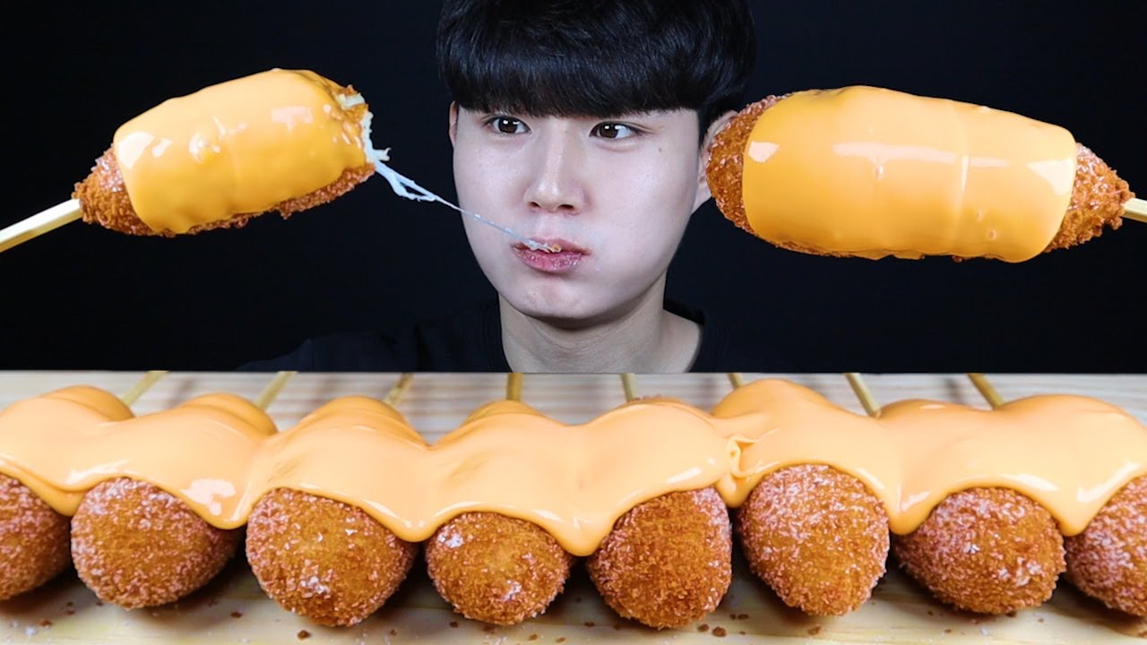 명랑핫도그 체다치즈소스 리얼사운드 먹방ASMR MUKBANG CHEESY CORN DOG&CHEESE SAUCE チーズ ホットドッグ Keju eating sounds
