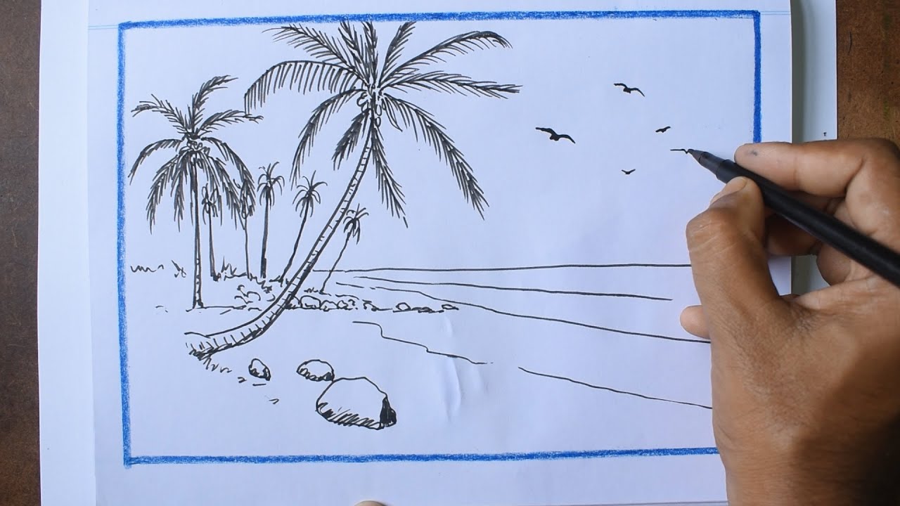 Sea-Beach Landscape Line Drawing with Sketch Pen | Step-by-Step Tutorial