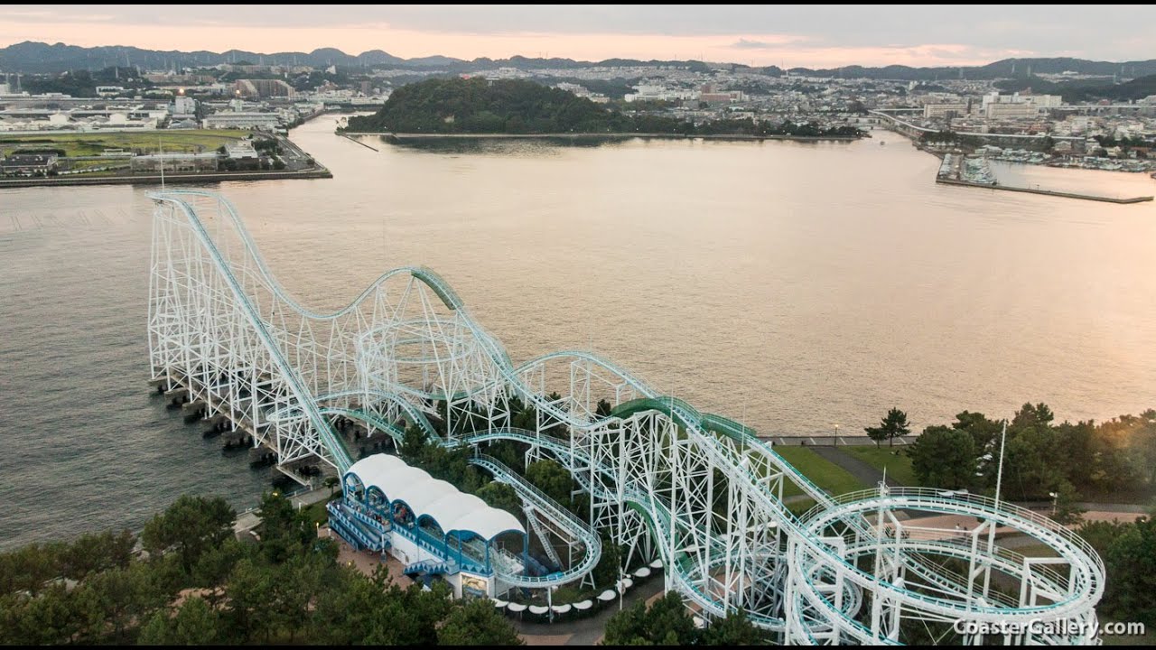 Japan's Sea Paradise - aerial views of the complete theme park including roller coaster.