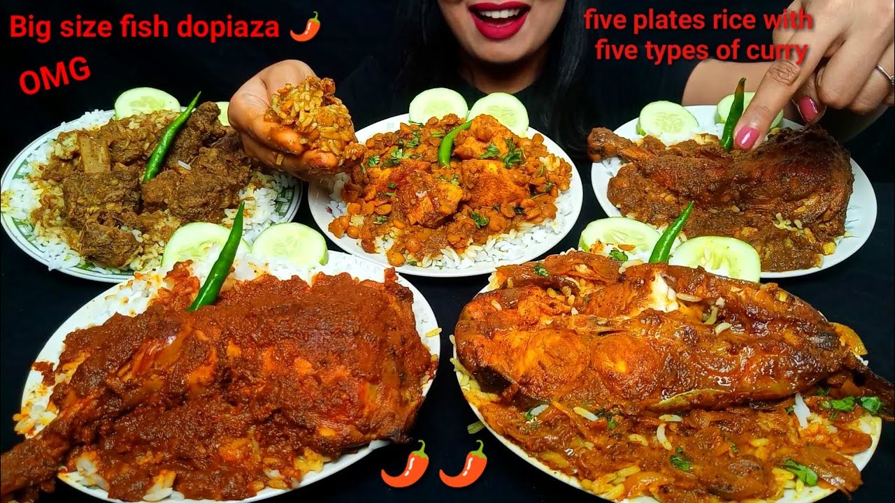 ASMR:EATING FIVE PLATES OF RICE 😰 WITH FISH DOPIAZA,MUTTON REZALA,CHICKEN MASALA,CHAAP&CHIKAR CHOLE