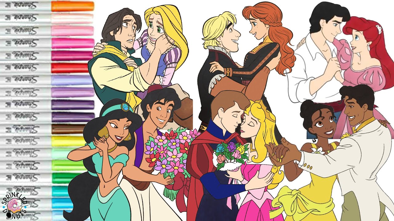 Disney Princess Coloring Book Compilation Ariel Eric Tiana Naveen Aurora Phillip Jasmine Aladdin