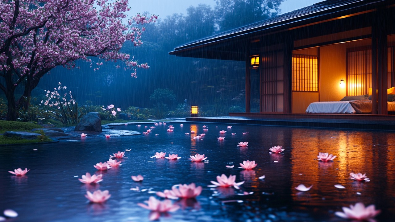 Lotus Blossoms Floating on Rainy Water 🌸 | Cozy Evening Glow in a Peaceful Garden