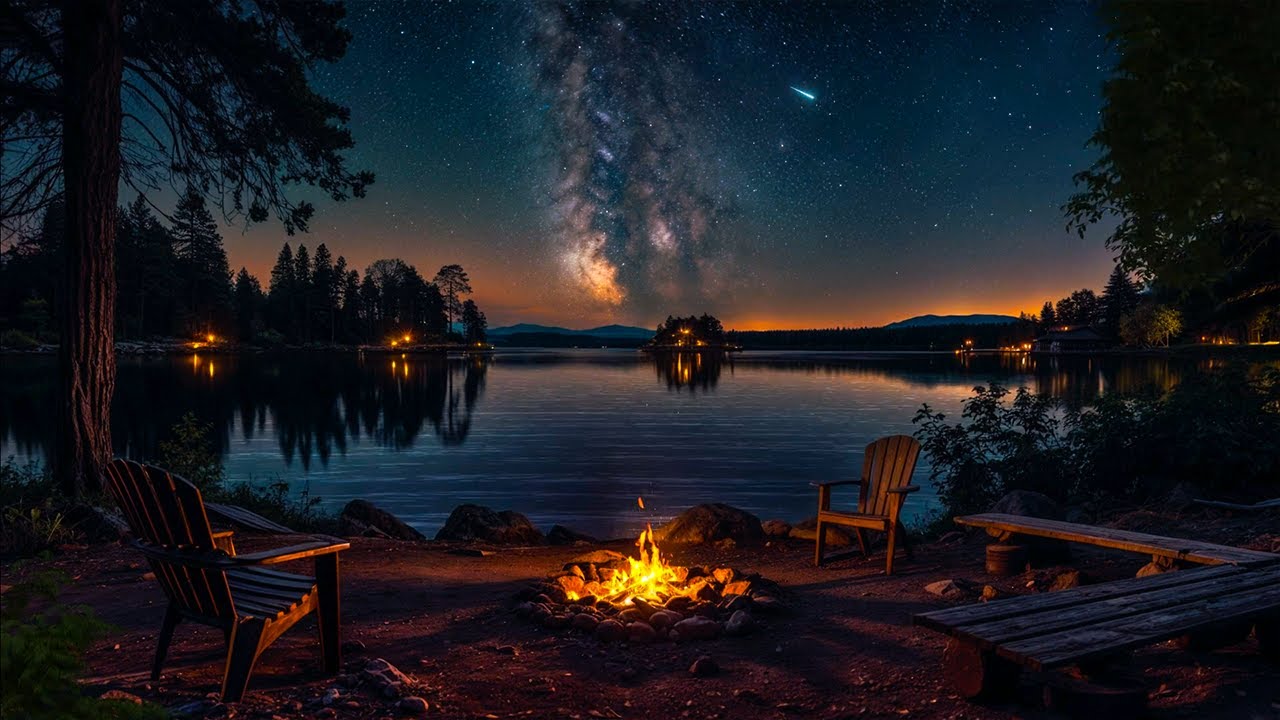 Healing Fireplace Ambiance - Soothing Crackles, Nighttime Stars & Lakeside Serenity