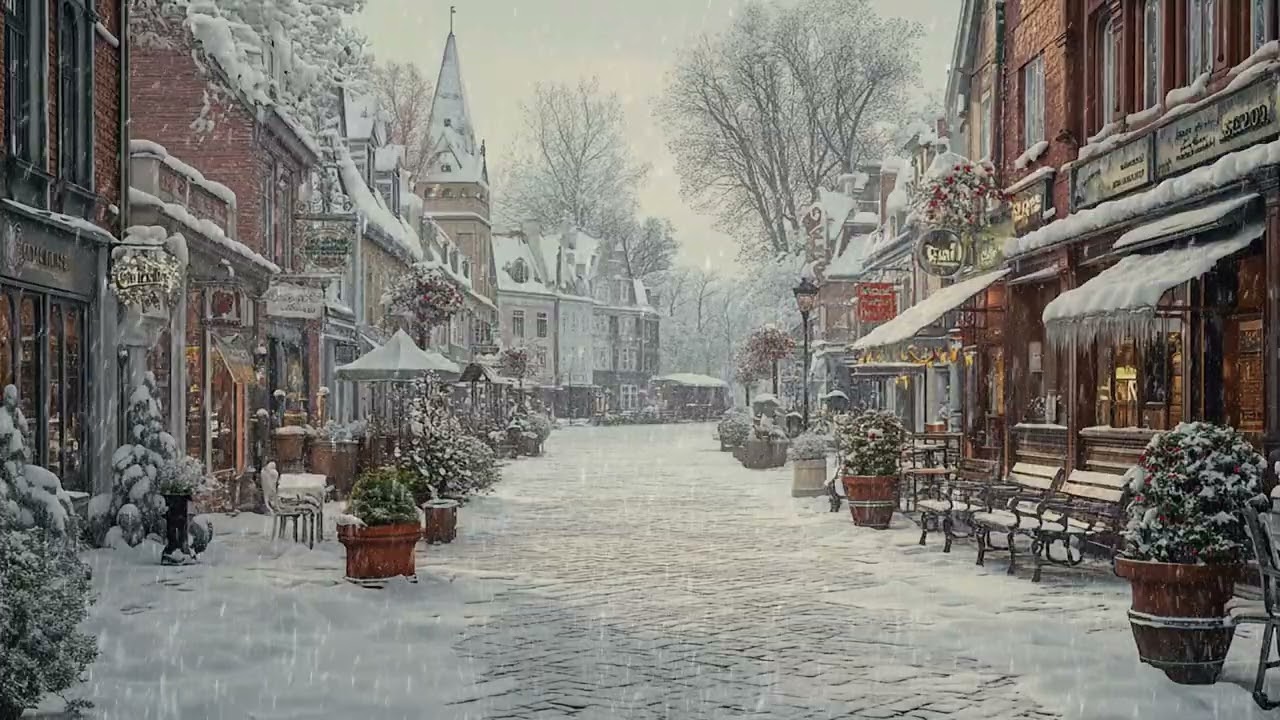 Snow Creating a Dreamlike Winter Atmosphere in an Empty Town