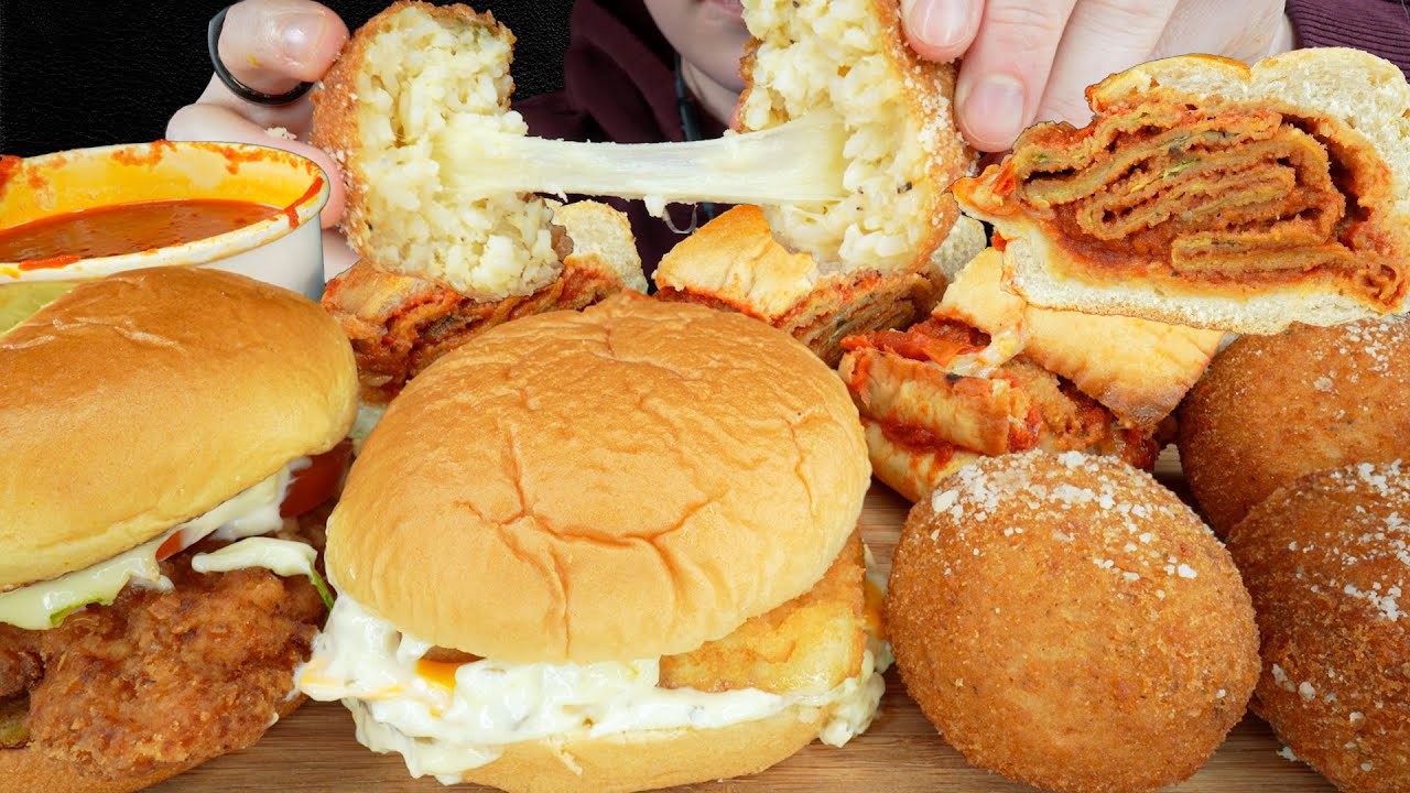 ASMR Mcdonalds Chicken Sandwich, Fish Sandwich & Eggplant Parm Hero, Italian Rice Balls