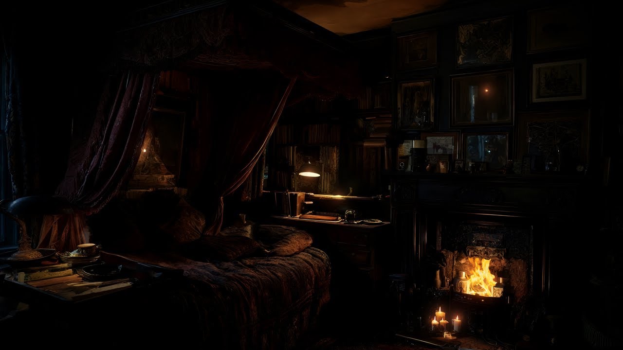Cozy and Dark Victorian Bedroom Ambience with Fire Sounds for 8 Hours of Relaxing and Deep Focus