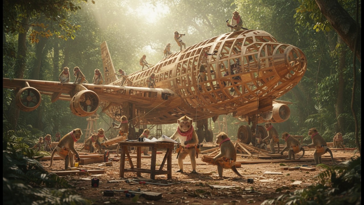Indian monkey engineers building a massive wooden aircraft (4K)