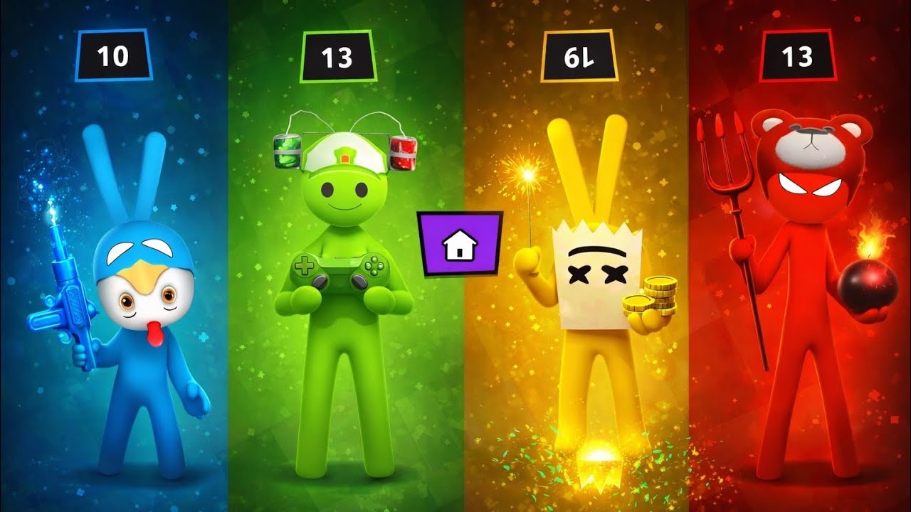 Stickman Party Color Battle! Blue vs Red vs Yellow vs Green!