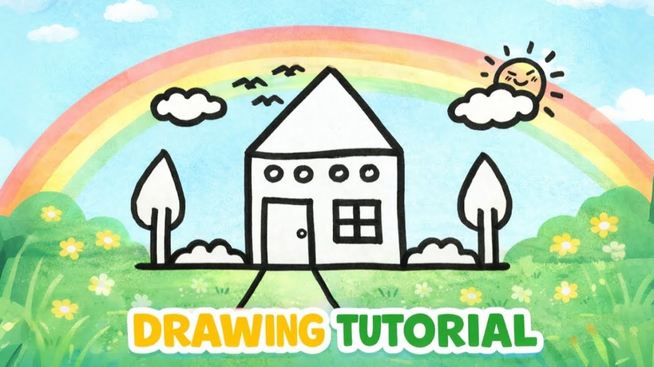 How to draw simple little house for kids | Tutorial easy drawing