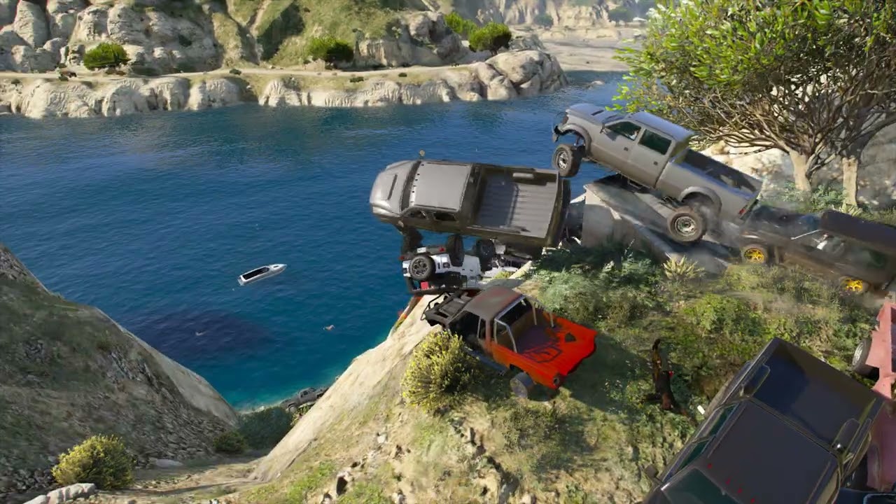 GTAV - What Happens If You Launch Cars Off This Cliff?