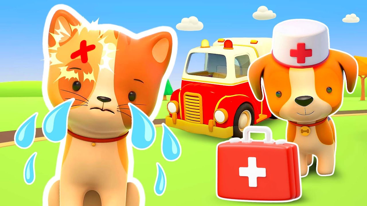 The kitten needs help! The little kitten got hurt in the car, and the ambulance saves the day.