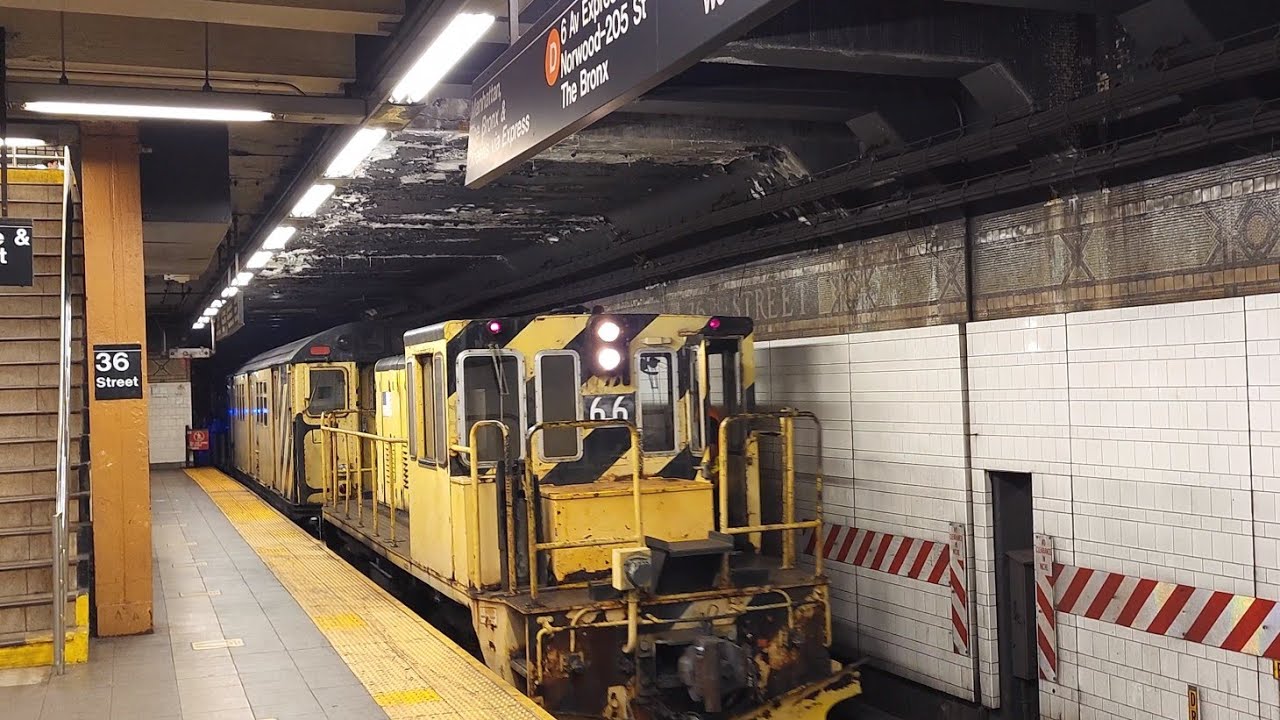 MTA NYC Subway Work Train Throttling Up through 36th Street with Wabcoo AA-2 Horn (R47 Locomotive)