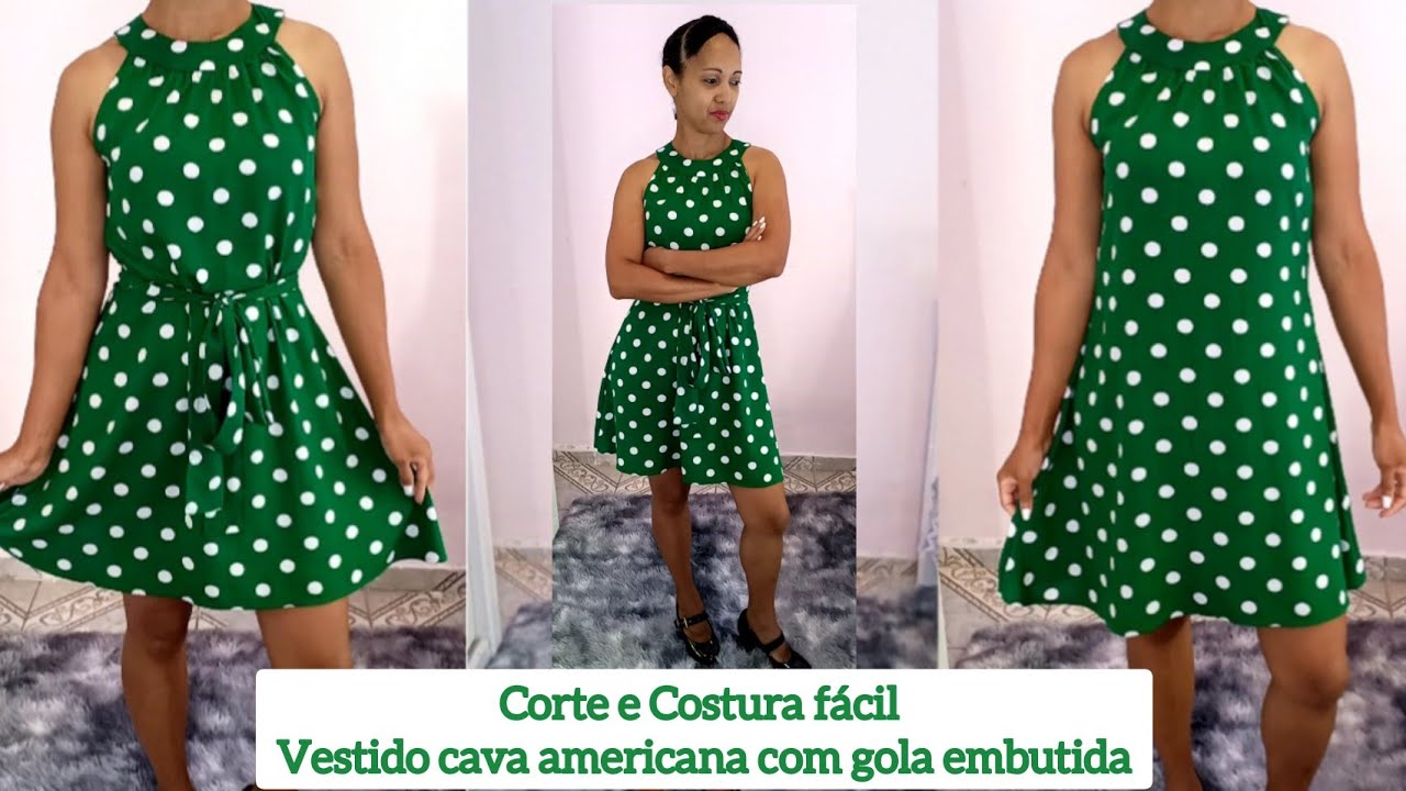 Como fazer vestido cava americana e Gola embutida Corte e Costura