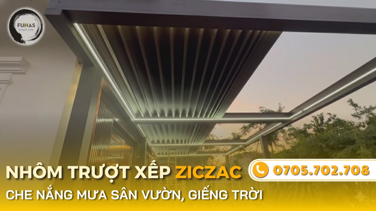 Công Trình Mái Nhôm Xếp Trượt Ziczac Tự Động - Che Nắng Mưa Sân Vườn ✅ Funas