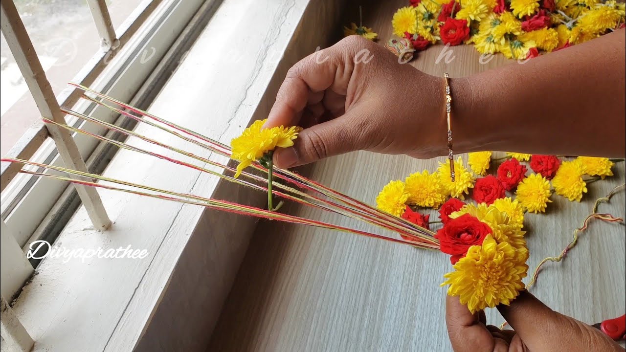 DIY chrysanthemum and rose flower Garland/veni/Gajra/Flower mala for god/temple garland/poo malai