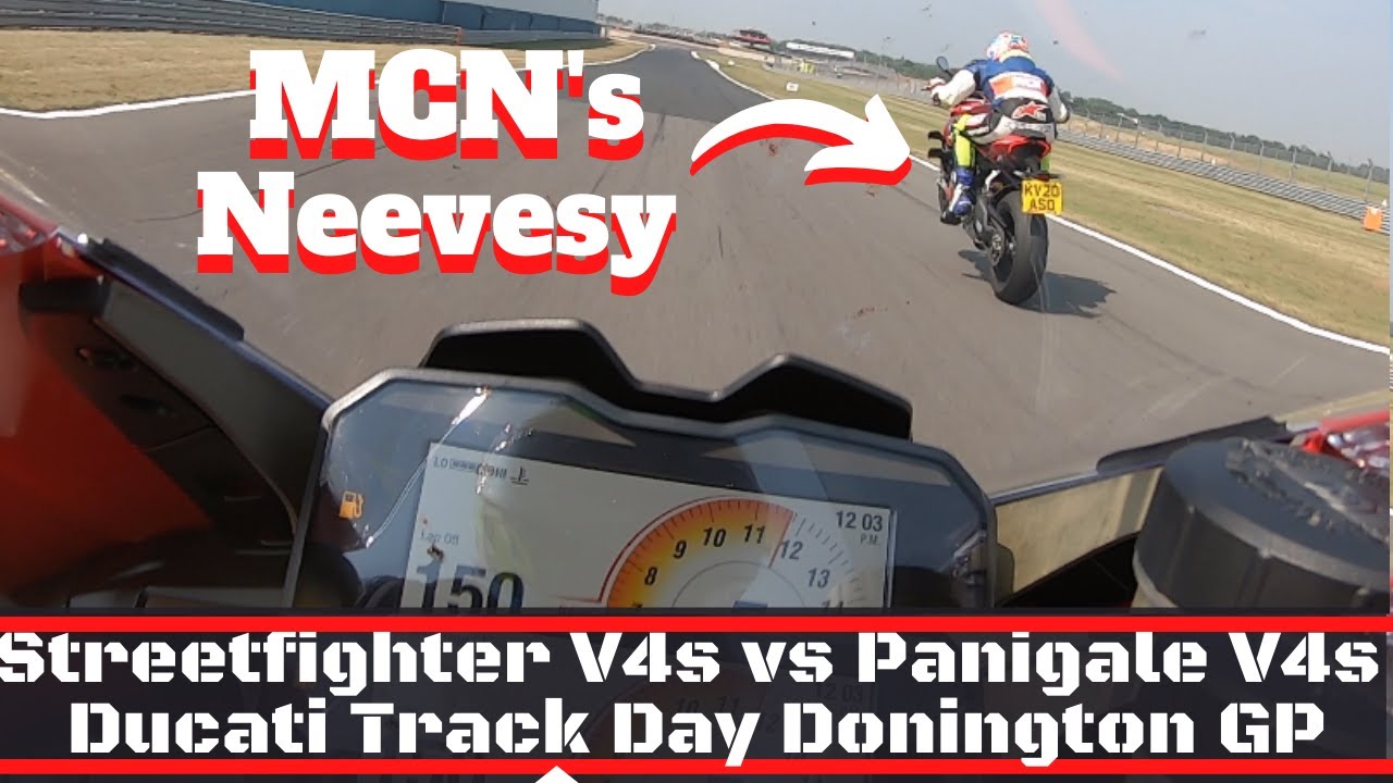 Ducati Panigale V4s vs Streetfighter V4S Donington GP Circuit full Lap MCN's Neevesy on track Day