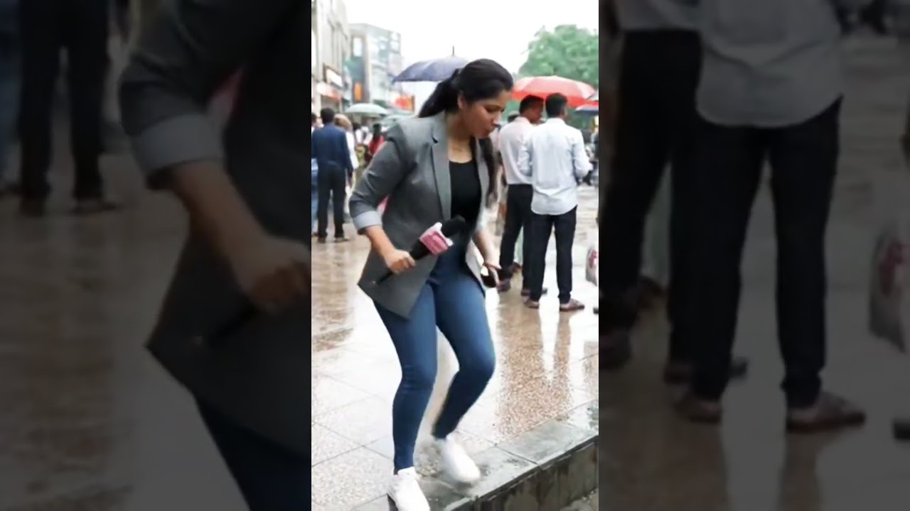 News Reporter Slips into Drain During Live Coverage! 😂☔ | Funny Rain Fail 