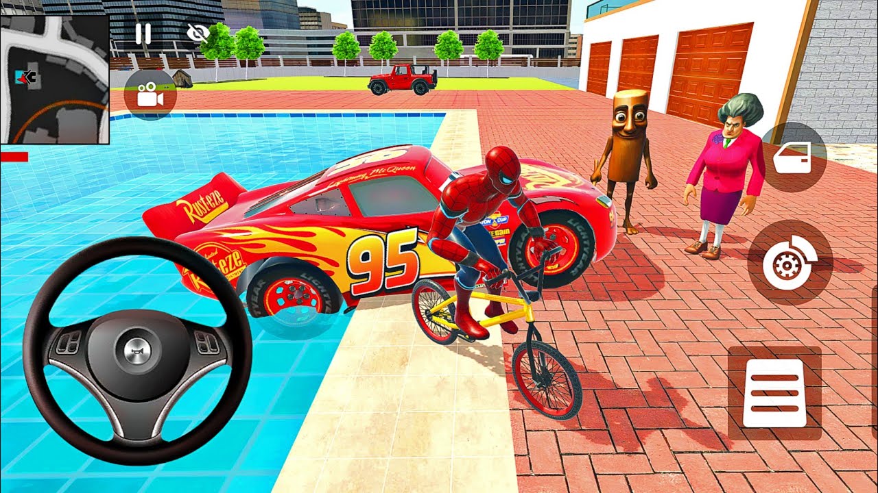 😍 Monster Mc Queen Car & Spiderman 🦚 Scary Teacher & Tung Tung 🥳 3D Car Simulator Gameplay 🎉 Android