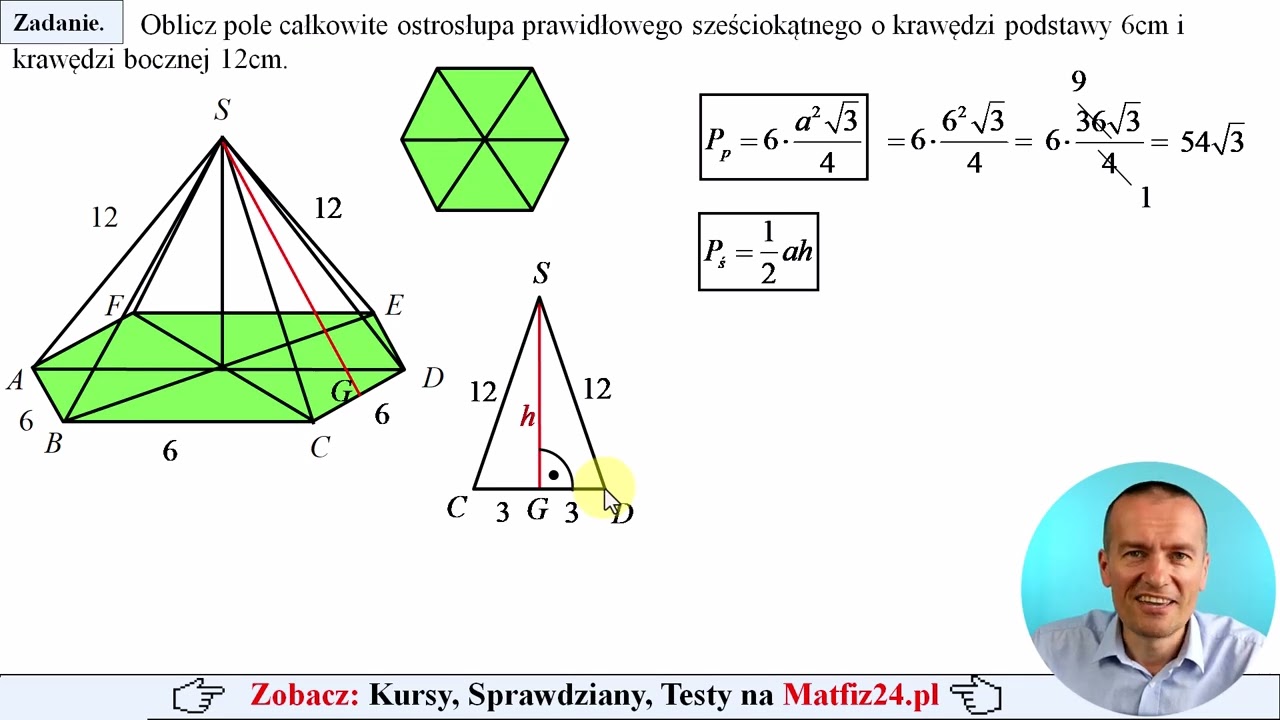 Pole całkowite ostrosłupa prawidłowego sześciokątnego o danych krawędziach | MatFiz24.pl 👈
