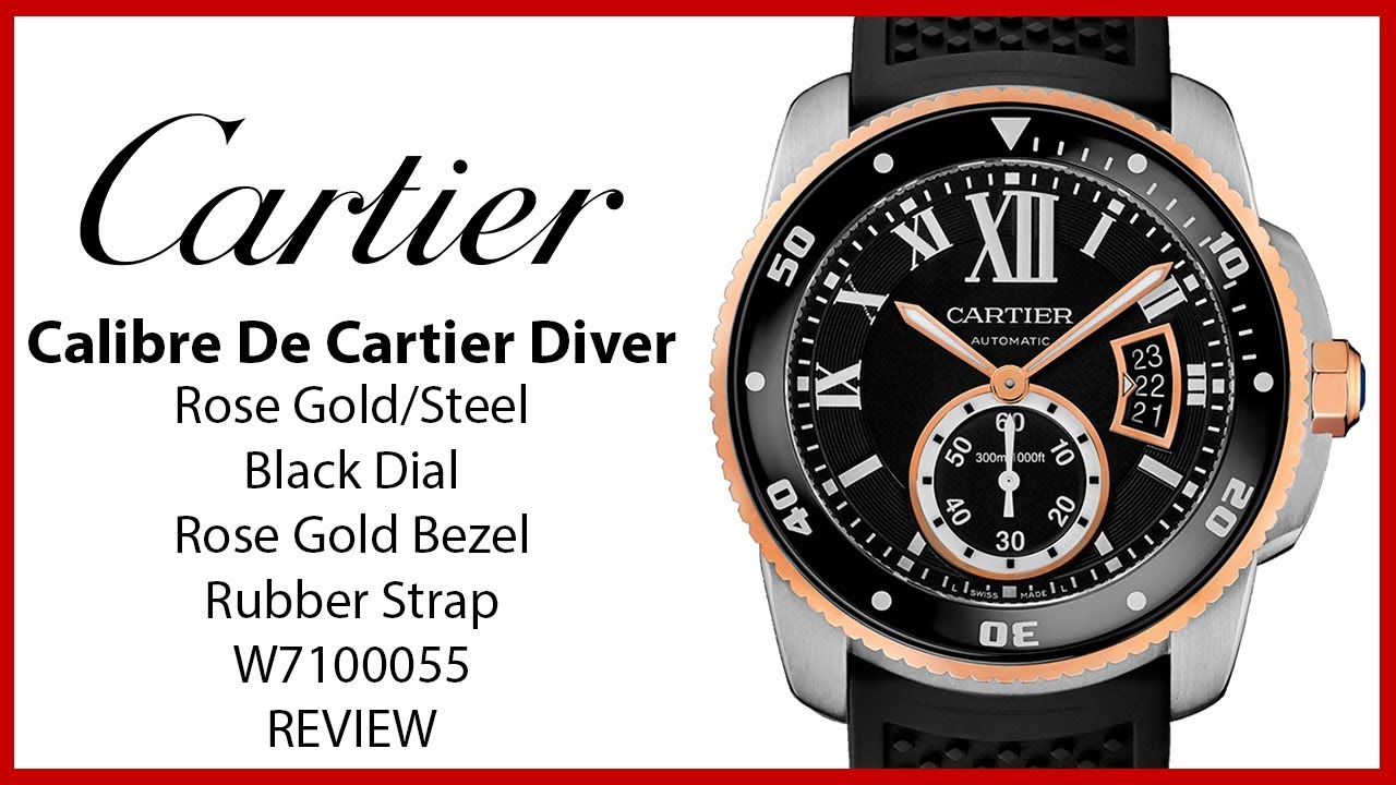 ▶ Cartier Calibre De Cartier Diver Rose Gold/Steel Black Dial Gold Bezel Rubber W7100055 - REVIEW