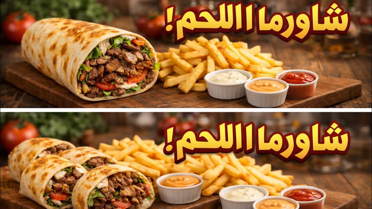 طريقة عمل شاورما اللحم في البيت مثل المطاعم | أسهل وألذ شاورما عربي مع البطاطس والصوصات