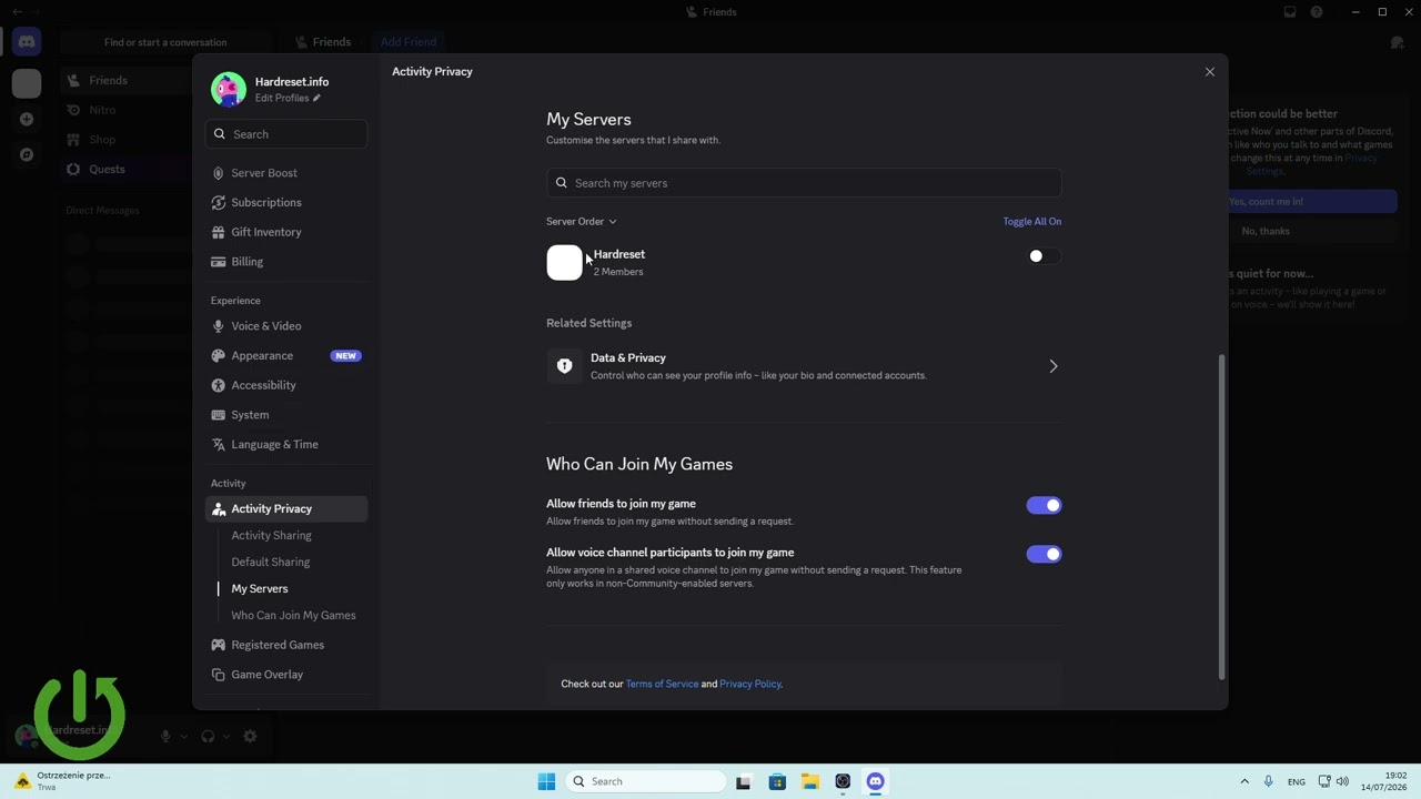 Discord: как скрыть текущую активность на определенном сервере