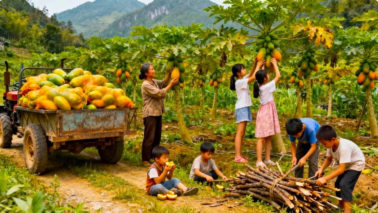 【一家七口隐居深山】妈妈带娃体验农家生活，一同上山采摘木瓜、喂养小动物，感受大自然的馈赠！#农村生活#vlog#山居生活