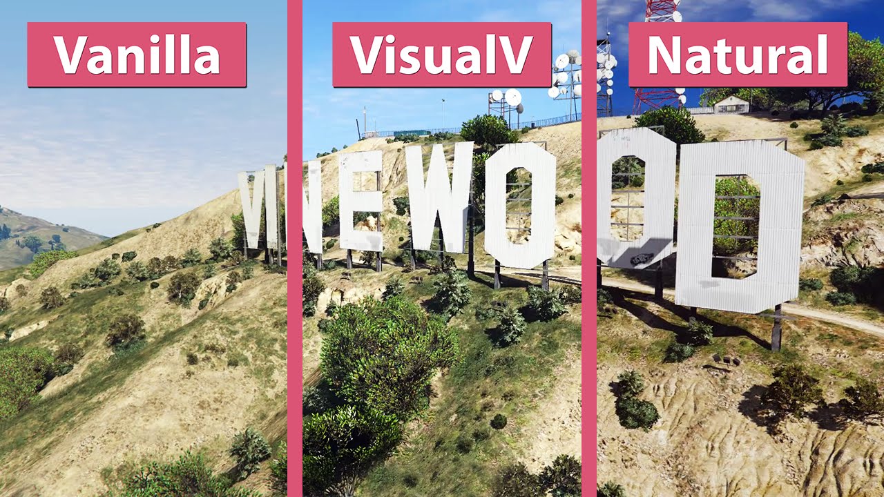 GTA 5 &ndash; Vanilla vs. VisualV vs. NaturalVision Photorealistic Graphics Mod Comparison