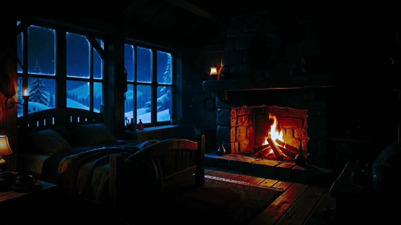 Cozy Winter Cabin Ambience🔥 Pretty Crackling Fireplace Soft Falling Snow😴 No Ads Better Life For You