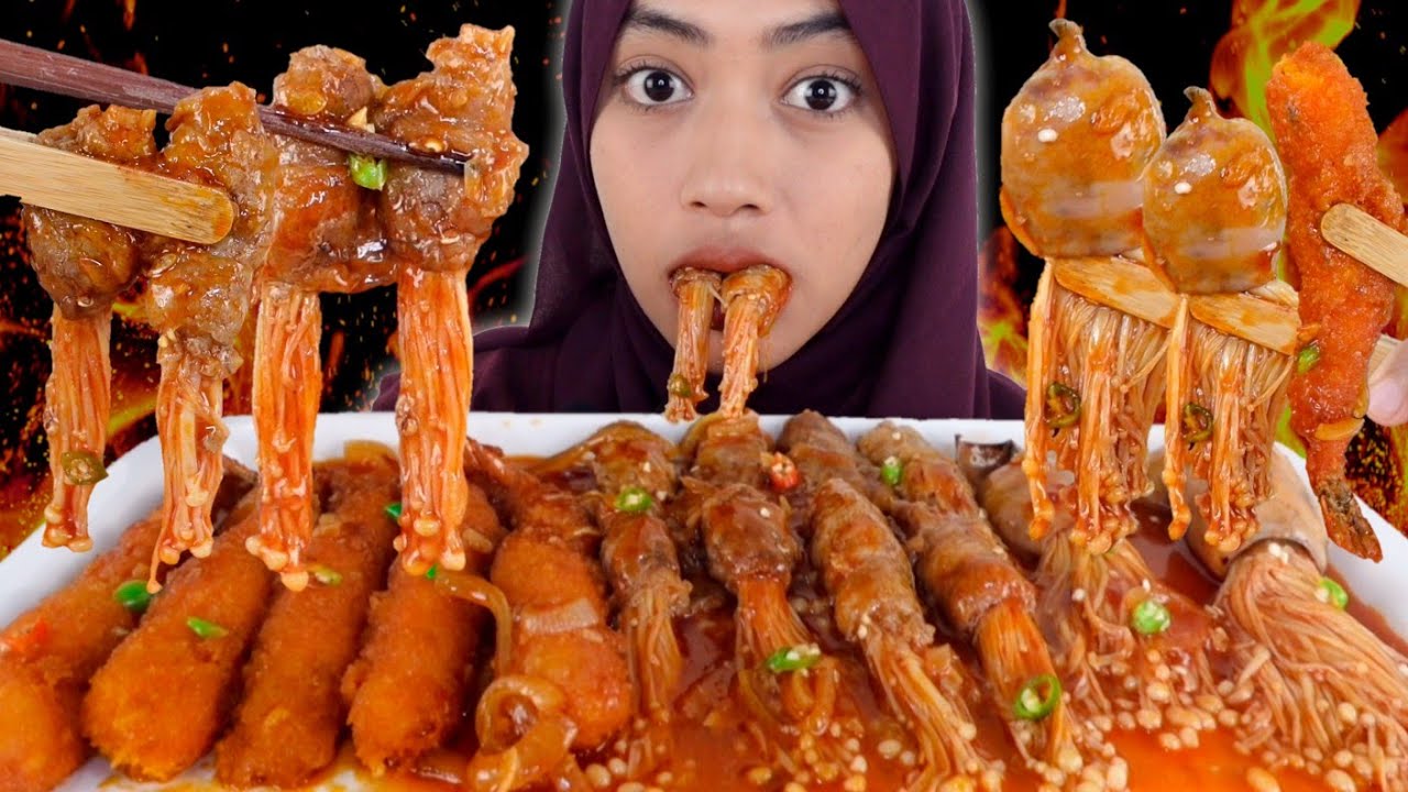 PAKE SAOS SAMYANG! MUKBANG EBI FURAI CUMI ENOKI BEEF ROLL SPICY | MUKBANG ASMR