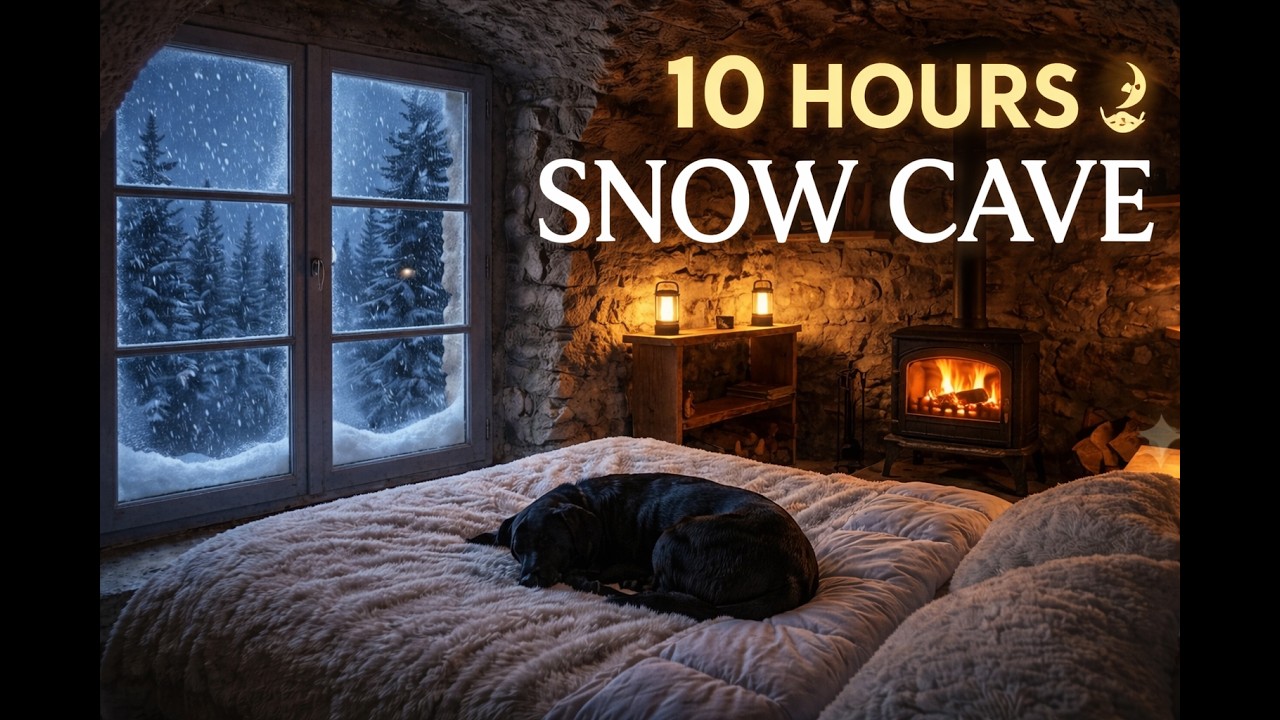 Sleep Peacefully in a Hidden Snow Cave ❄️🐶 10 Hours Cozy Fireplace & Snow Sounds