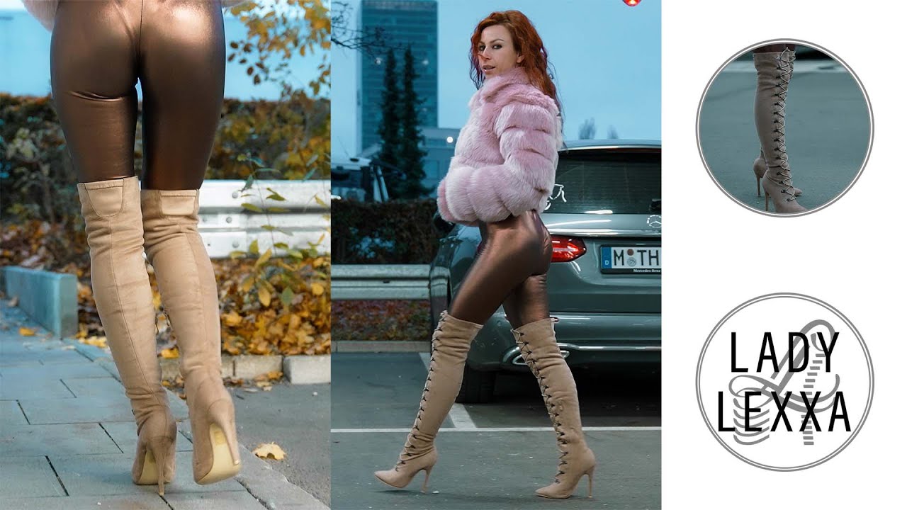 PUBLICK WALK IN OVERKNEE HIGH HEELS AND GLOSSY LEGGINGS