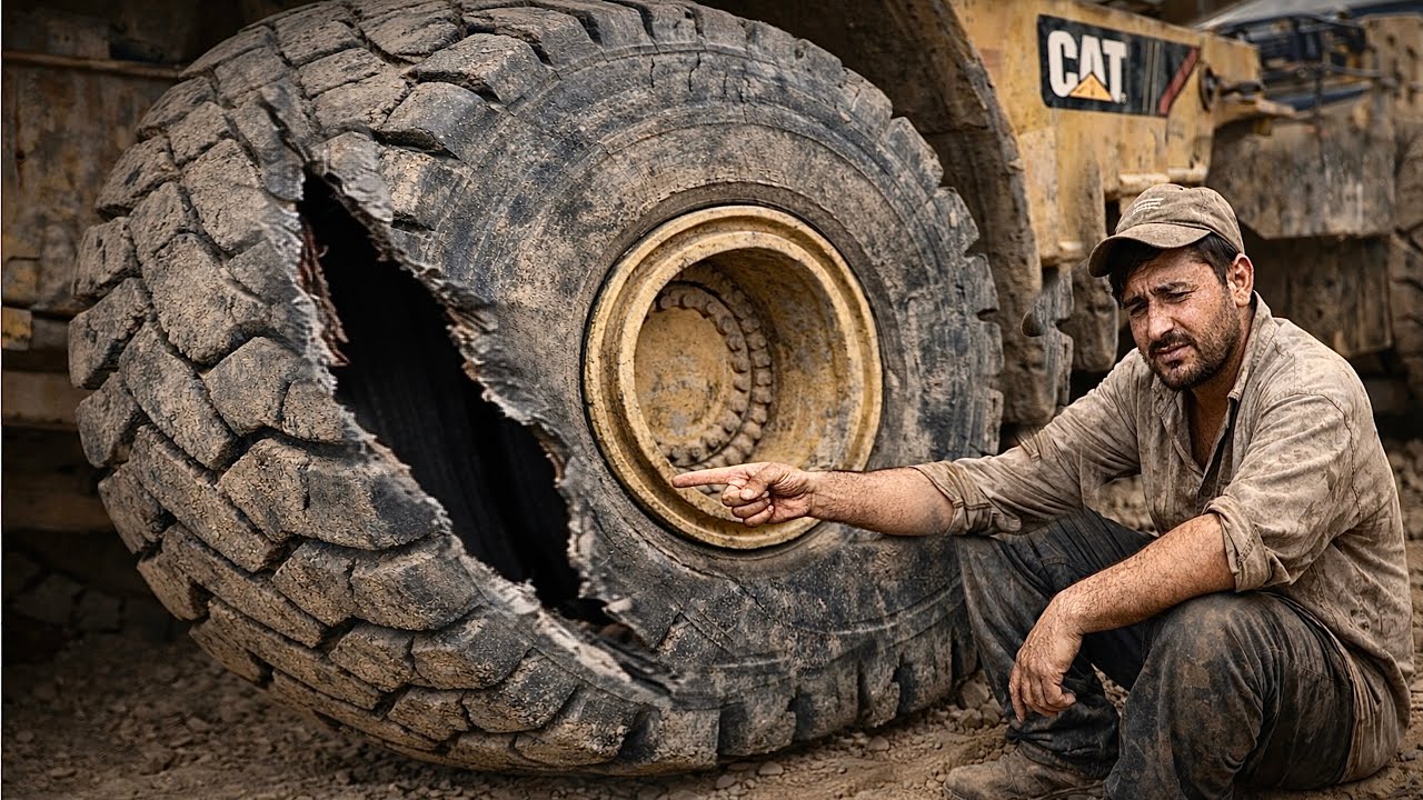  A Huge Sidewall Cut by Sharp Stone into Caterpillars 775F Tire || How Big Tyre Repairing 