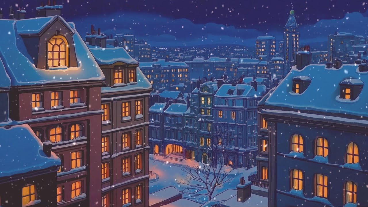 relaxing snowfall in new york city with vintage oldies playing in another room