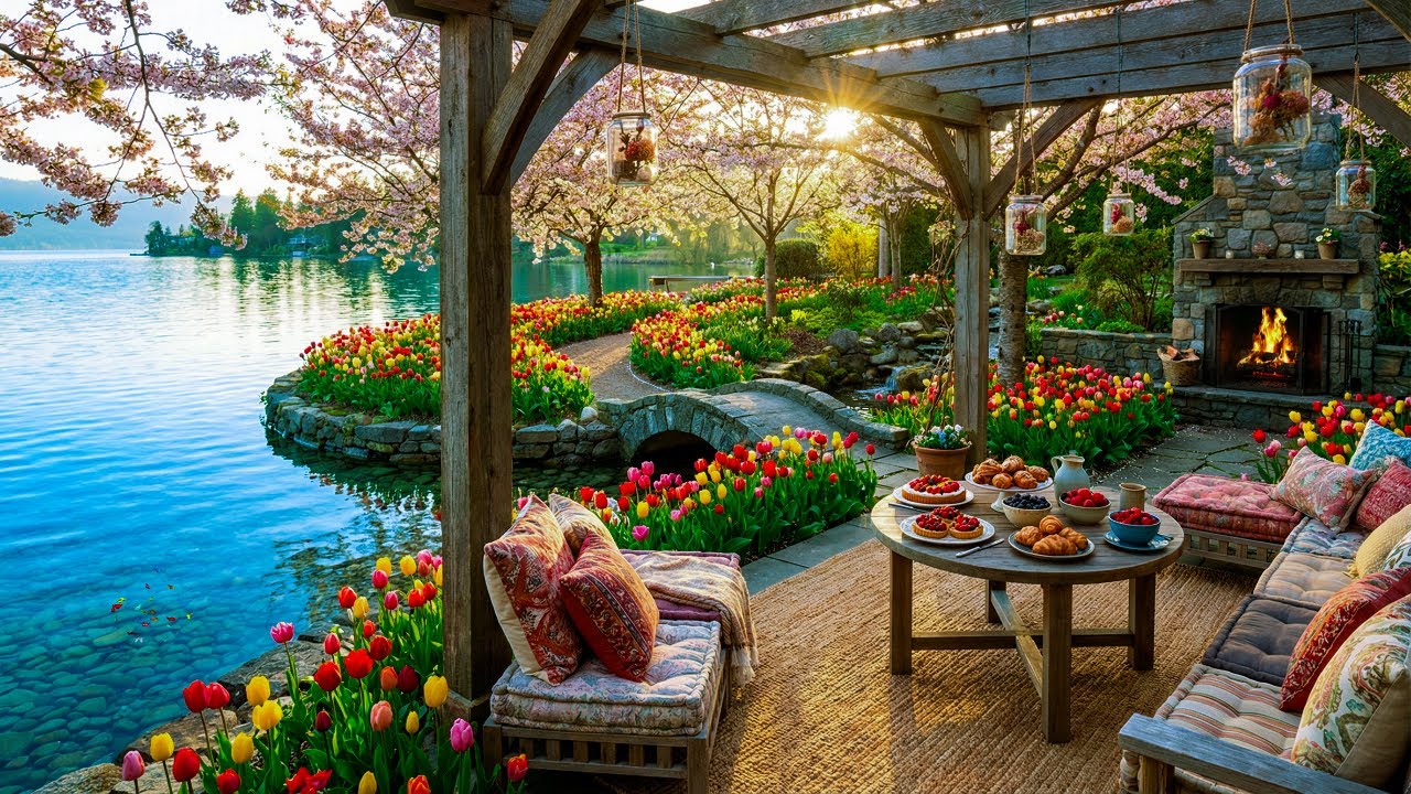 Peaceful Outdoor Spring Cafe Ambience with Smooth Jazz Piano for Studying and Deep Work Flow