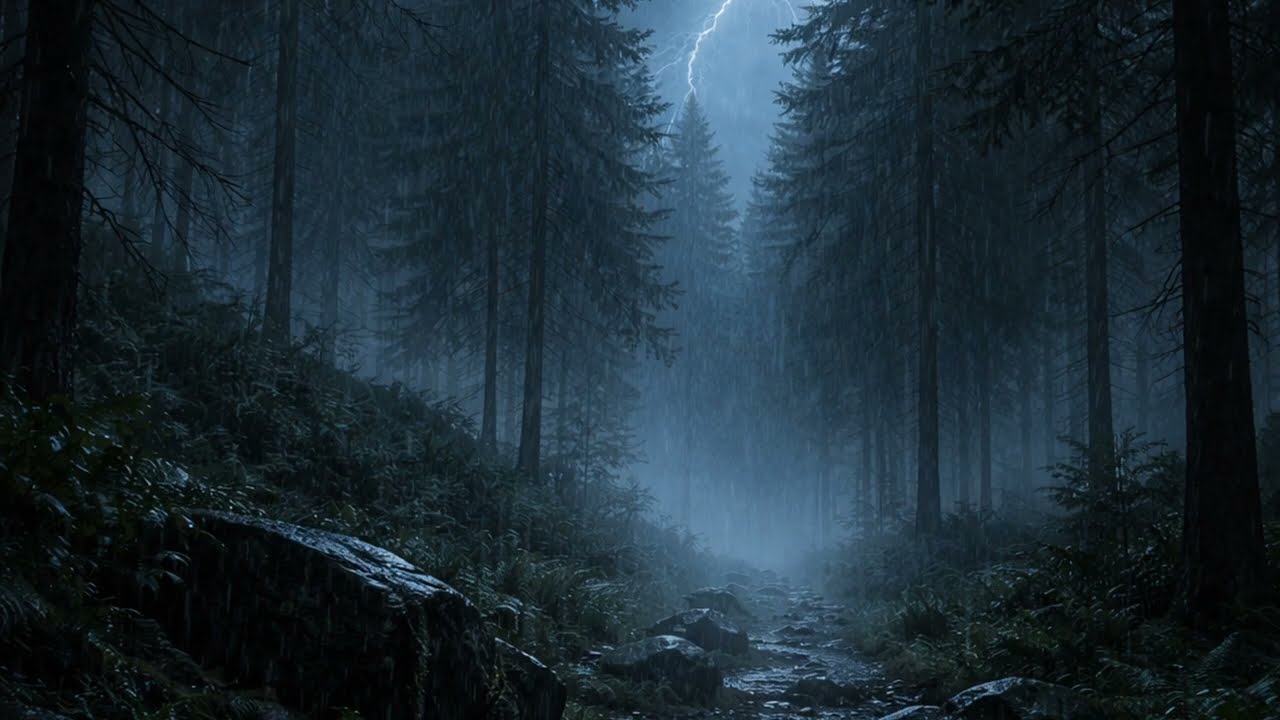 Dark Forest Storm at Night 🌧️ Heavy Rain & Distant Thunder Sounds for Sleep