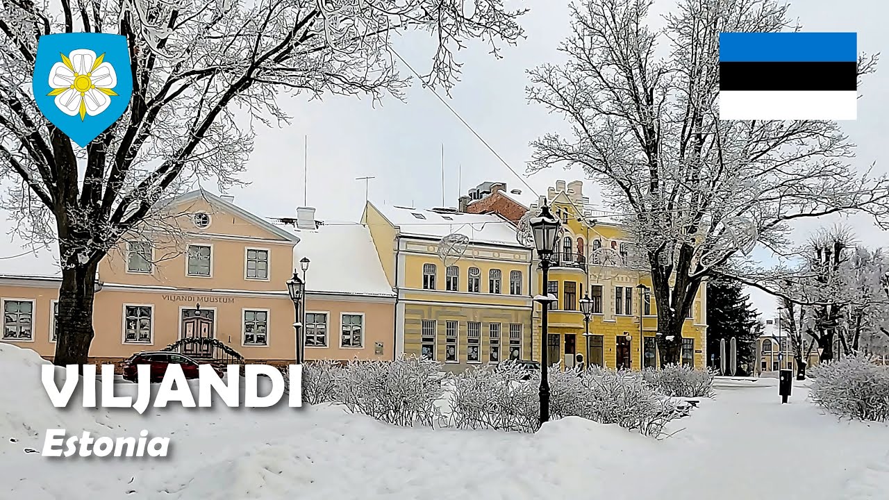 Viljandi, Estonia. Winter walk in the city center. 4K