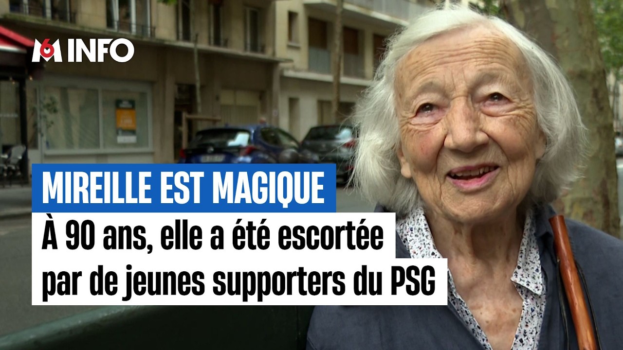 Mireille, 90 ans, aid&eacute;e par de jeunes supporters du PSG