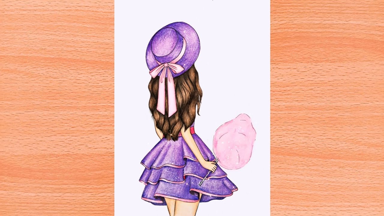 Girl with Candy floss / How to Draw a girl with beautiful dress and a hat | Magical dress drawing